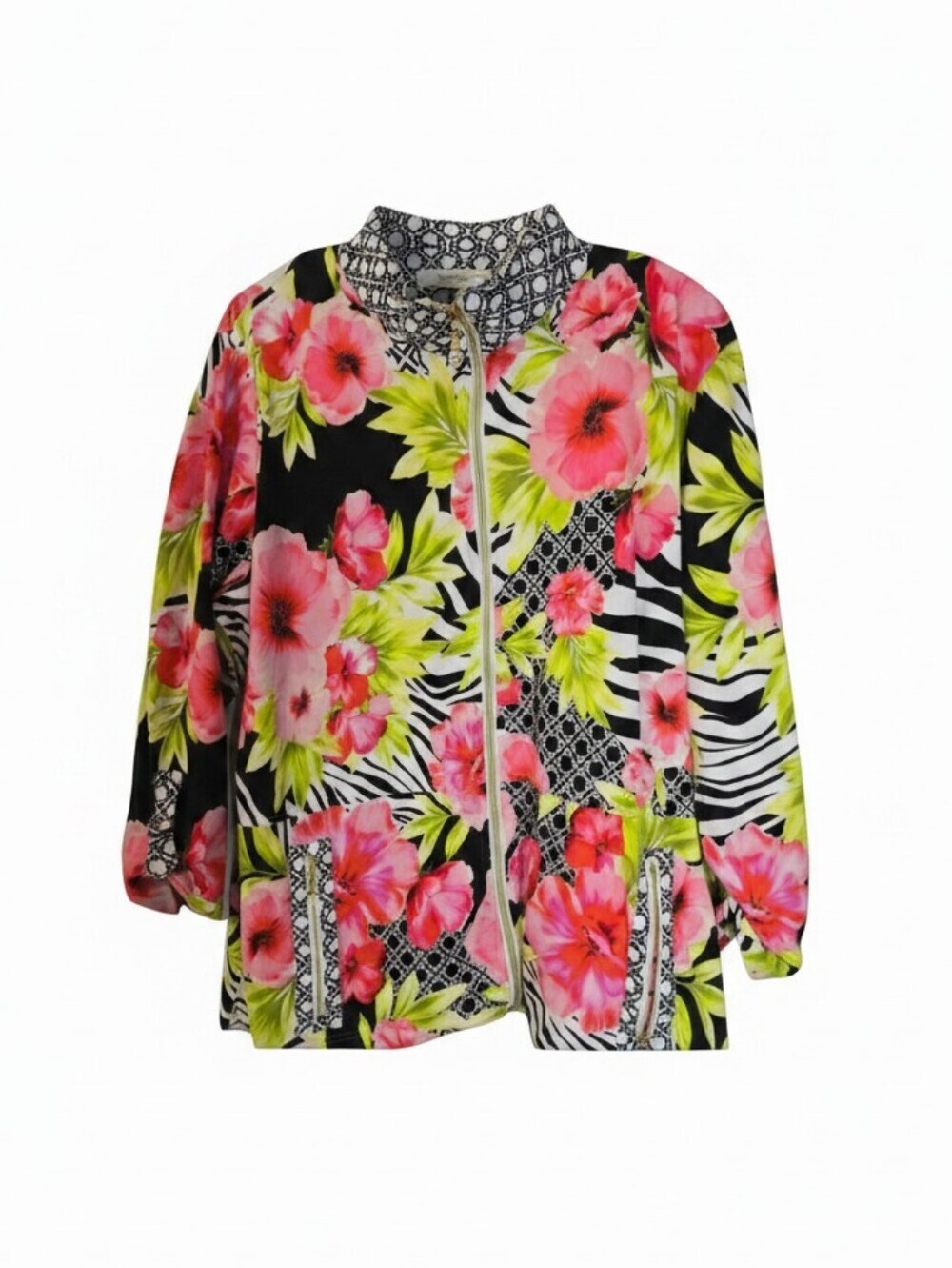 Onque Woman Monochrome Geometric Pattern Jacket, Front Zip, Lightweight Med